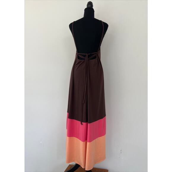 Vintage bebe Sz Medium Wrap Maxi Skirt/Dress Brown Pink Orange Block Stripe - Picture 7 of 9